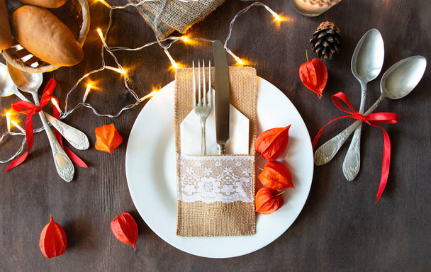 Dîner de Thanksgiving en famille. Cadre de table dans le style d'automne. - Photo, image