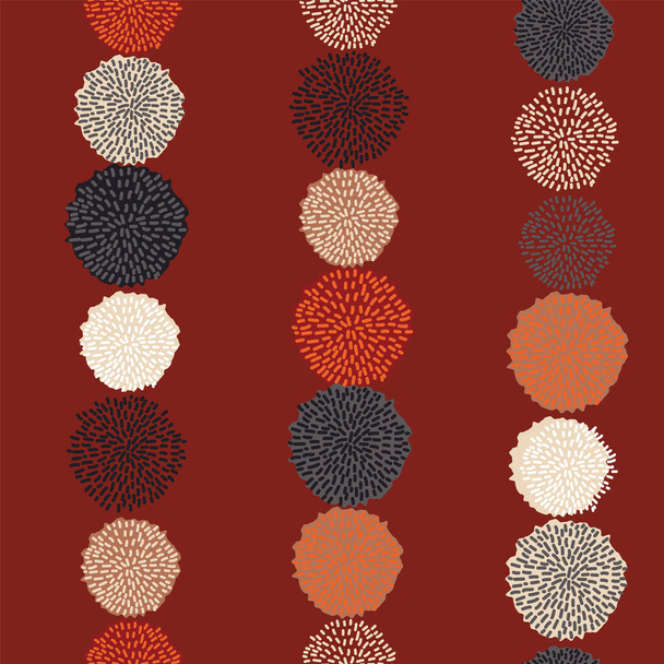 Vector pom pom bobble nahtloses Muster, trendige Farbe, Herbst 2020, grau, orange, schwarz, mandel-, weinrot. Hängende Fäden. - Vektor, Bild