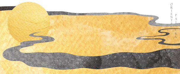 Abstrakter Hintergrund im orientalischen Stil. Banner zum chinesischen Neujahr. Goldfolientextur mit japanischem Mustervektor. Wellenförmige Formen in orientalischer Vorlage im Vintage-Stil. - Vektor, Bild