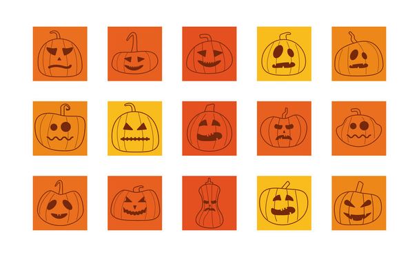 bundle of halloween pumpkins in orange background line style icons - Vector, Image