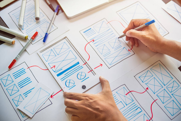 ux Graphic designer creative  sketch planning application process development prototype wireframe for web mobile phone . User experience concept. - Foto, Imagem