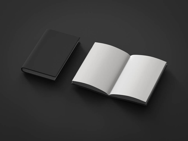3D απόδοση κενών σελίδων σημειωματάριο σε μαύρο φόντο - Φωτογραφία, εικόνα
