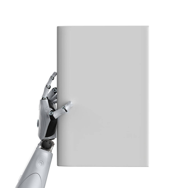 3d cyborg renderowania posiadają puste strony książki izolowane na białym - Zdjęcie, obraz