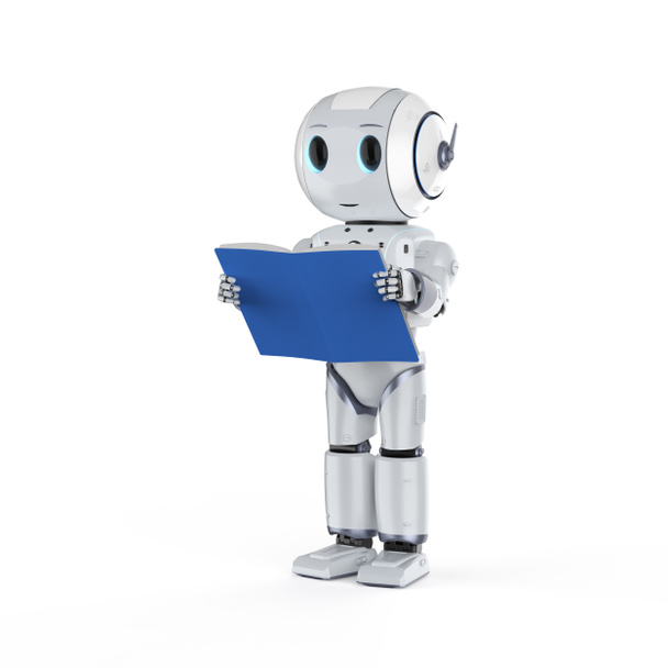 Μηχανική μάθηση έννοια με 3d απόδοση μίνι ρομπότ ανάγνωση ενός βιβλίου - Φωτογραφία, εικόνα