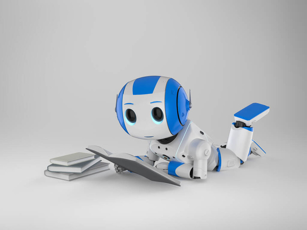 Machine learning concept with 3d rendering mini robot reading a book - Photo, Image
