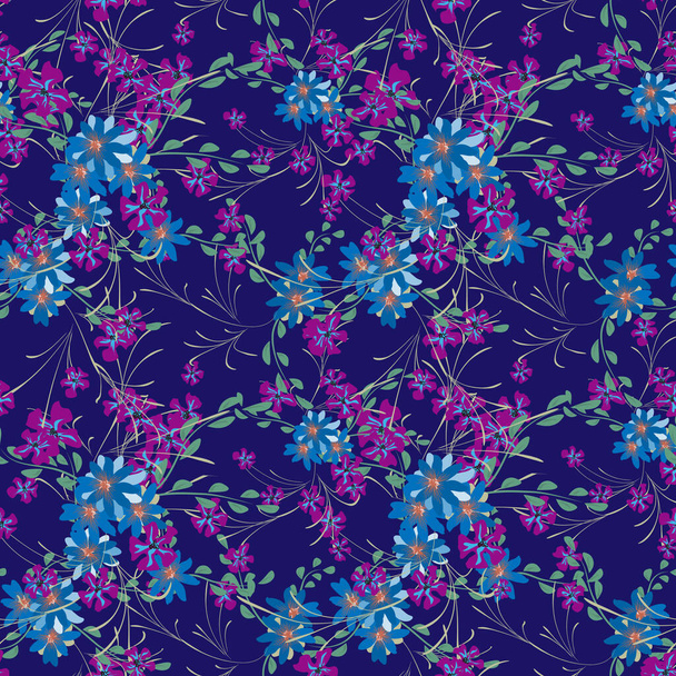 Floral Seamless Pattern with Violets and Daisy Flowers. Small Elements for Print, Textile, Linen. Pretty Pattern for Wrapping Paper. Vector Wild Flowers. Colorful Rapport in Retro Style. - Vector, Image