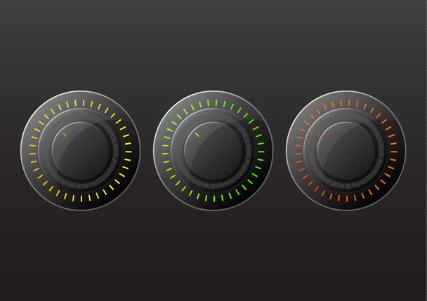 Technology level adjustment icon set icon isolated on gray background. Volume button, sound control, musical dial with numeric scale, sound control, analogue knob. - Διάνυσμα, εικόνα