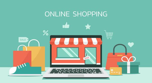 online shopping store or e-commerce concept on laptop computer, e-shop with goods, flat illustration - Διάνυσμα, εικόνα