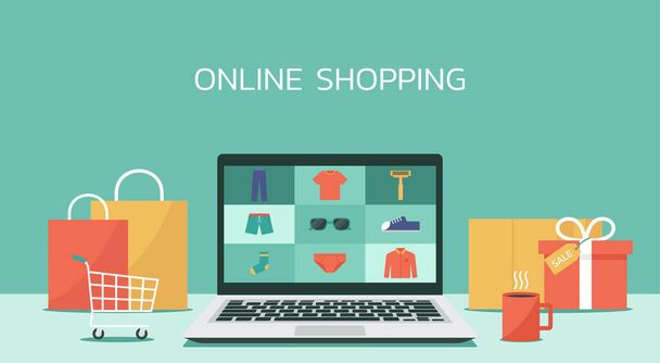 online shopping laptop concept, men fashion products from e-shop or digital store, flat graphic illustration - Vector, Image