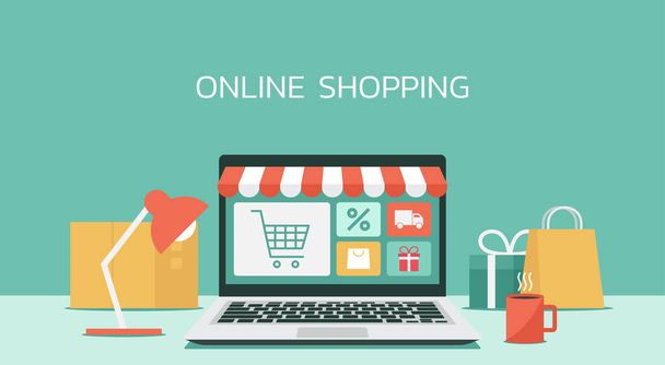 concepto de compras en línea en el ordenador portátil, e-shopping, e-commerce, tienda digital con mercancías, ilustración gráfica plana - Vector, imagen