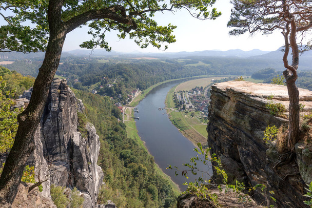 View from Bastei rocks to river Elbe in Saxony Switzerland. Germany - Фото, изображение