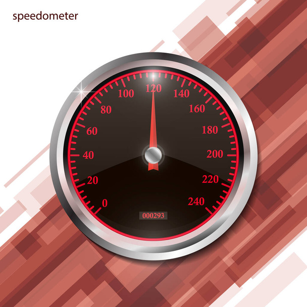 Speedometer on color abstract geometric background. Round black caliber with chrome frame. Bright neon speed indicators. Vector 3d illustration for your design. - Vector, Image