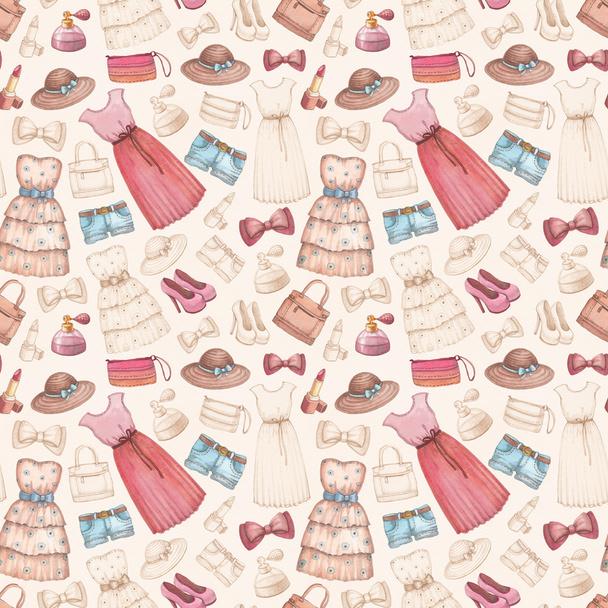 Dresses and accessories pencil drawings. Seamless pattern - Photo, image