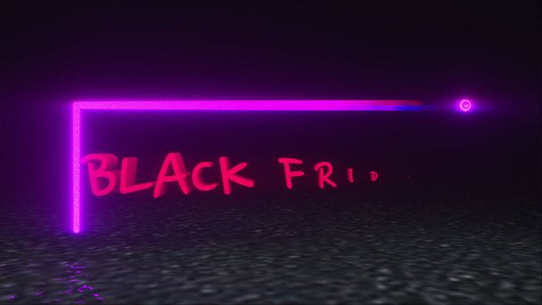 Computer generated background with neon banner black friday. 3d rendering of a glowing neon text frame. Swivel advertising plate - Photo, Image