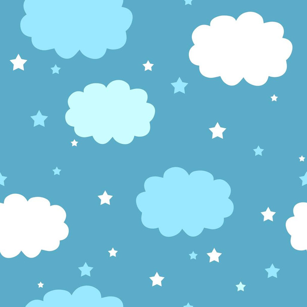 Clouds and stars on a blue background. Seamless vector illustration. Wallpaper for kids. - Vetor, Imagem
