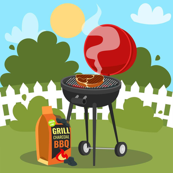 Image of a cartoon grill with a juicy piece of meat and a sack of charcoal. Back yard with barbecue with a white fence and bushes. Cartoon illustration - Vector, Image