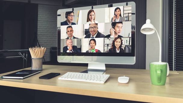 Videotelefonie Geschäftsleute treffen sich am virtuellen Arbeitsplatz oder im entfernten Büro - Foto, Bild