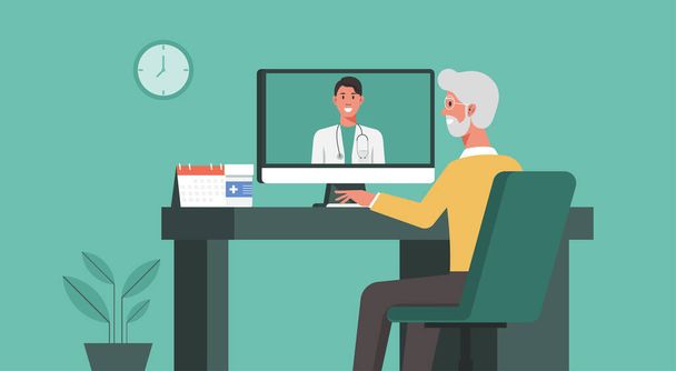 телемедицина, онлайн-здравоохранение и медицинские консультации и услуги поддержки, пожилой человек с помощью компьютерного видеозвонка, предоставляющего врачу онлайн, плоская иллюстрация - Вектор,изображение