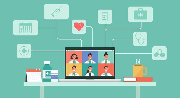 online gezondheidszorg en medisch advies concept, groep artsen videoconferentie op laptop scherm en geneeskunde pictogrammen, platte illustratie - Vector, afbeelding