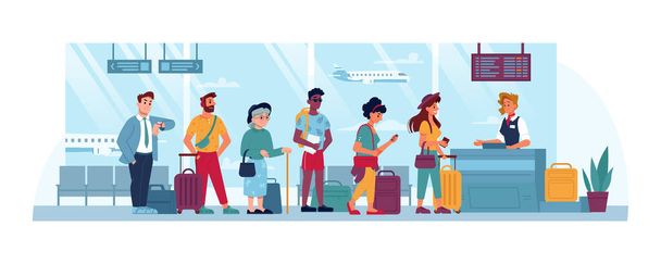 空港の列、カウンターチェック、チケットを持つ人々 - ベクター画像