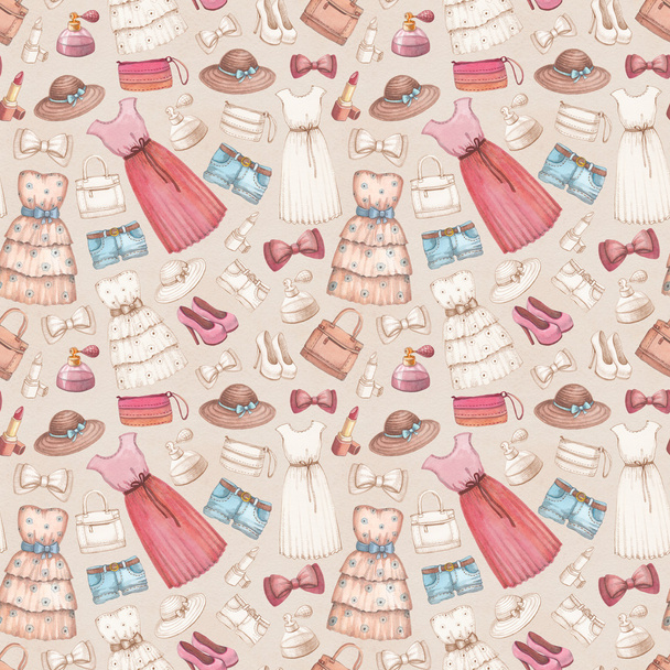 Dresses and accessories pencil drawings. Seamless pattern - 写真・画像