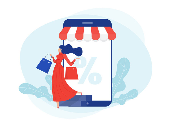 Discount Online Shopping. Glückliche Frau kauft am Black Friday auf dem Smartphone ein - Vektor, Bild