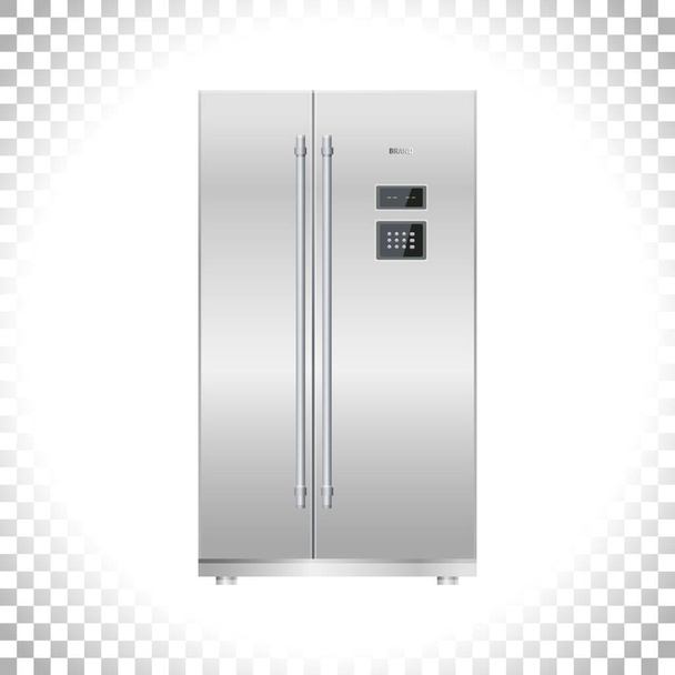 冷蔵庫または冷凍冷蔵庫のアイコン。ドアが2つ。シルバーダブルドア冷蔵庫。金属と黒のプラスチック材料。デジタルディスプレイとキーパッドパネル。家庭用技術や家電製品。ベクターイラスト. - ベクター画像