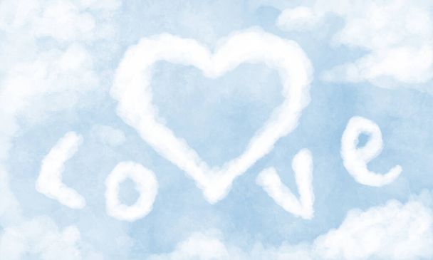 roztomilé romantické světlo ručně kreslené Nebeské abstraktní pozadí s nápisem Láska z mraků, velké srdce z mraků na modrém pozadí. - Fotografie, Obrázek