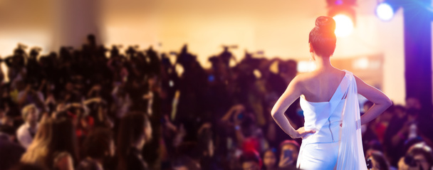 Kadın, Model Moda Şovu ya da Bayan Güzellik Kraliçesi yarışması olarak Medya Basın Televizyonu 'nun önünde duruyor. - Fotoğraf, Görsel