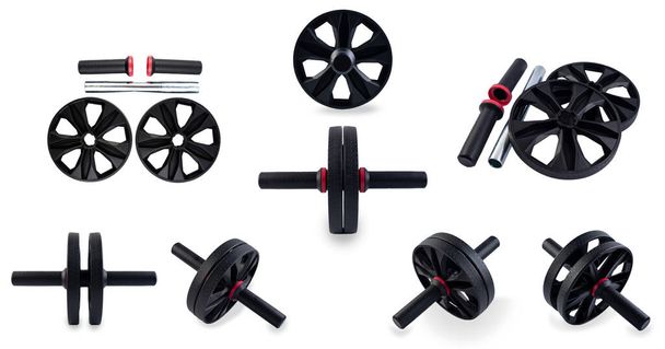 Ab Roller izolowany na białym tle. Dual Ab Roller z czarnego plastiku. Abs Roll Out Exercise Fitness Wheel Core Training Workout Wheels. Składany trenażer fitness. - Zdjęcie, obraz