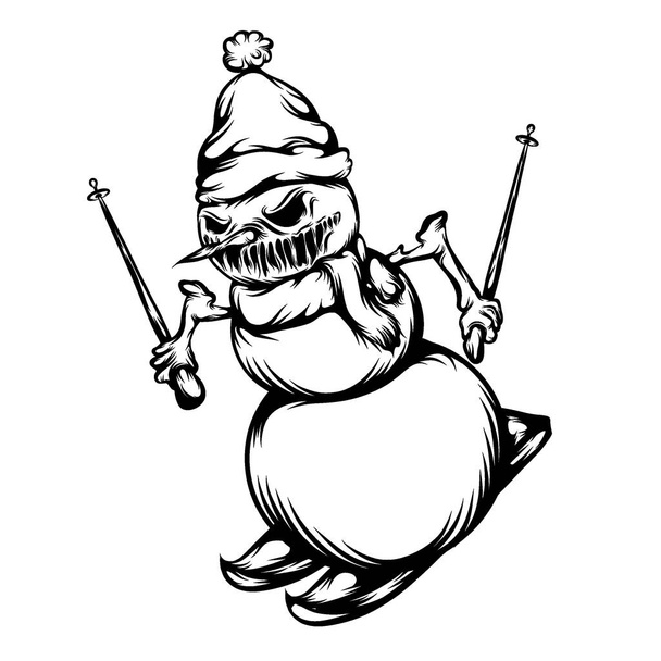 De tattoo animatie van de schrik sneeuwpop speelt het schaatsen - Vector, afbeelding