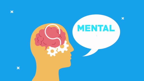 mentális egészség animáció profil sziluett beszél és fogaskerekek agy - Felvétel, videó