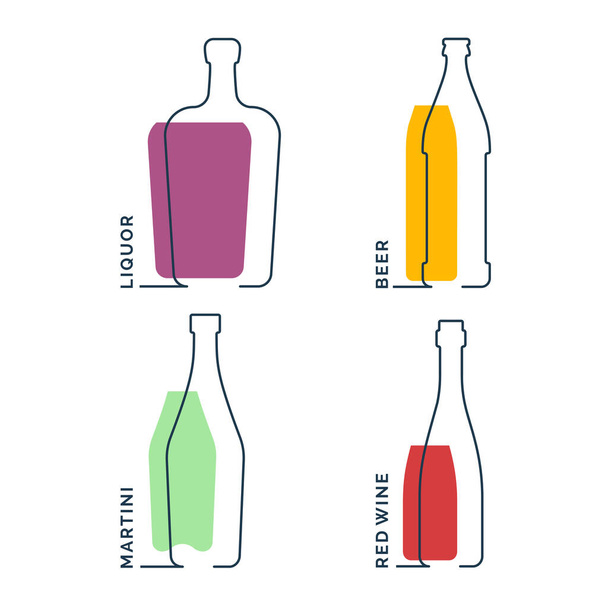 Palack likőr sör martini vörösbor folyamatos vonal lineáris stílusban fehér alapon. Fekete vékony körvonal és színkitöltés. Modern lapos stílusú grafikai tervezés. Logó kontúrelem illusztráció - Vektor, kép