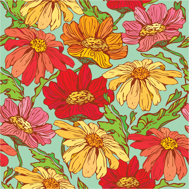 Floral Seamless Pattern with hand drawn flowers - camomile on bl - Vektör, Görsel