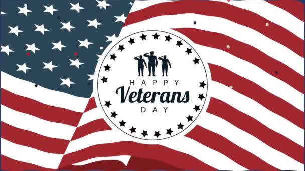 gelukkig veteranen dag belettering animatie met zeehond in vlag achtergrond - Video