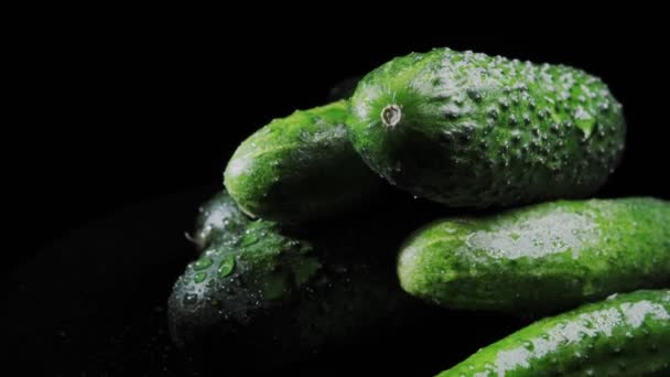 Fresh young cucumbers with water droplets slowly rotate. On a black background. - Footage, Video