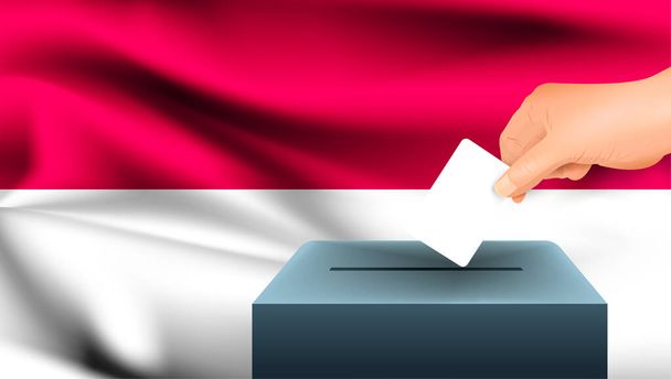 Male hand puts down a white sheet of paper with a mark as a symbol of a ballot paper against the background of the Indonesia flag. Indonesia the symbol of elections - Vector, Image