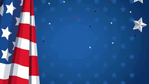 Ηνωμένες Πολιτείες της Αμερικής γιορτή κινουμένων σχεδίων κάρτα με σημαία ΗΠΑ και αστέρια - Πλάνα, βίντεο