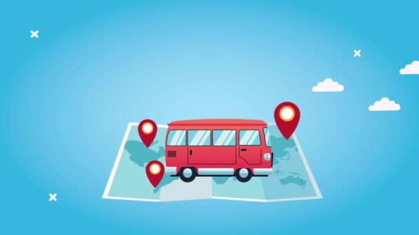 animación del turismo mundial con furgoneta en papel mapa y pines ubicaciones - Imágenes, Vídeo