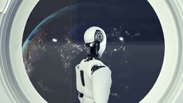 Robot futurista, inteligencia artificial CGI dentro de la nave espacial en el universo espacial - Imágenes, Vídeo