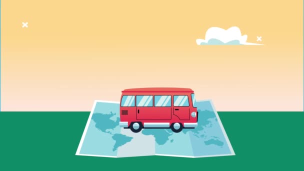 animation touristique mondiale avec carte papier et van car - Séquence, vidéo