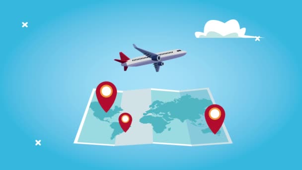 animación del turismo mundial con avión volando en papel mapa y pines ubicaciones - Imágenes, Vídeo
