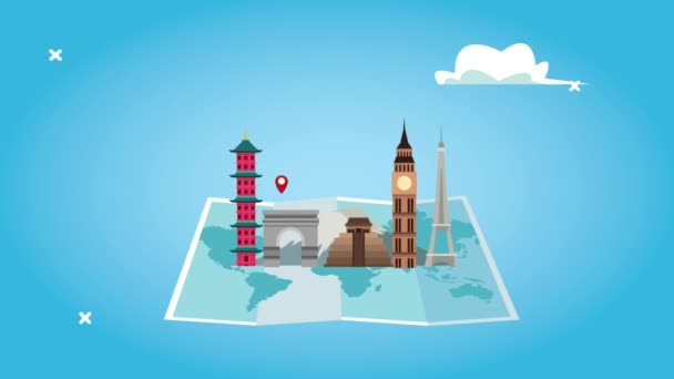 wereld toerisme animatie met monumenten op papier kaart - Video