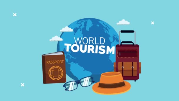 Journée mondiale du tourisme lettrage avec planète Terre et mettre des icônes - Séquence, vidéo