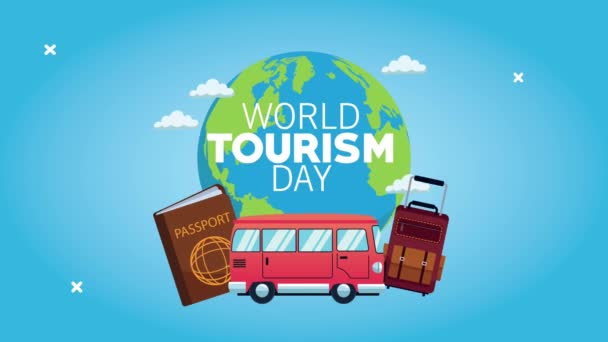 Journée mondiale du tourisme lettrage avec la planète mondiale et mettre des icônes - Séquence, vidéo