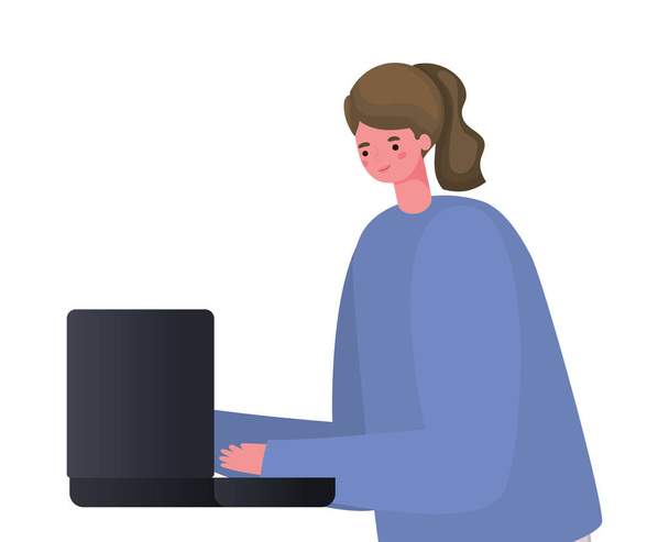 ruskeat hiukset nainen sarjakuva laptop työskentely vektori suunnittelu - Vektori, kuva