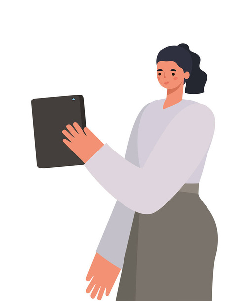 preto cabelo mulher desenhos animados com tablet trabalhando design vetor - Vetor, Imagem