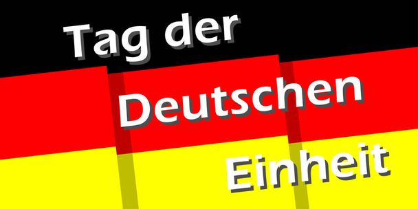 Flaga Niemiec i tekst Tag der Deutschen Einheit, Dzień Jedności Niemiec napisany w języku niemieckim. Plakat wektorowy do projektowania. - Wektor, obraz