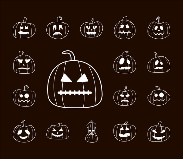 bundle of halloween pumpkins in brown background line style icons - Vector, Image