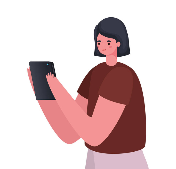 чорне волосся жінка мультфільм з планшетом працює Векторний дизайн
 - Вектор, зображення